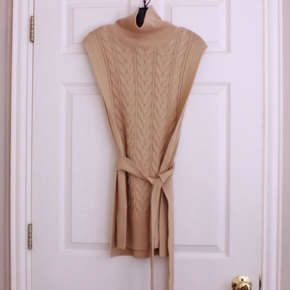 NWOT COS Cable Knit Wool Roll-Neck Turtleneck Belted Vest Camel Brown - Picture 4 of 11
